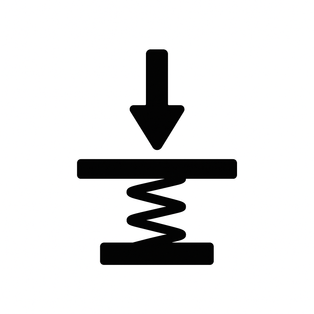 Ikon af affjedring på løbebånd, illustreret med en pil nedad og en fjeder, der symboliserer stødabsorbering og komfort ved løb.