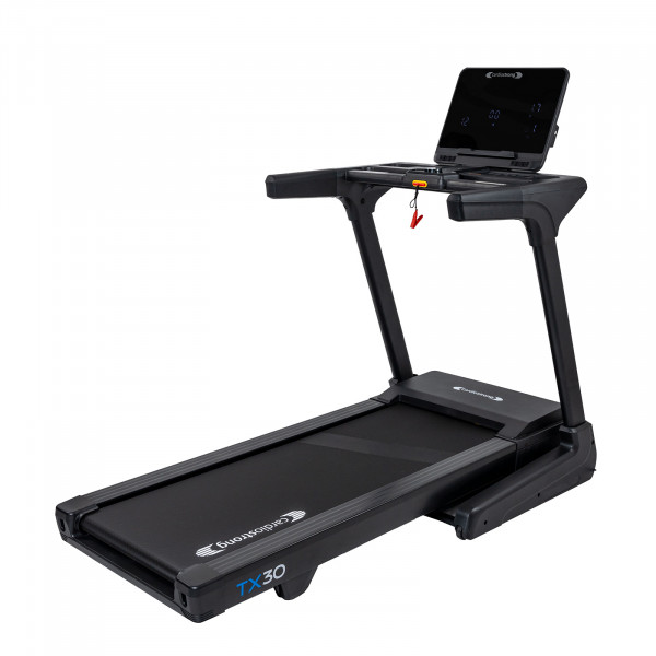 cardiostrong TX30 løbebånd med pladsbesparende design, brugervenlig konsol med skærm og støddæmpning – ideelt til effektiv hjemmetræning i kompakte omgivelser.