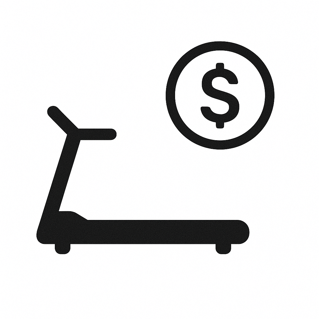 Sort ikon med et løbebånd og et dollartegn i en cirkel – symboliserer pris og budgetovervejelser ved køb af træningsudstyr.