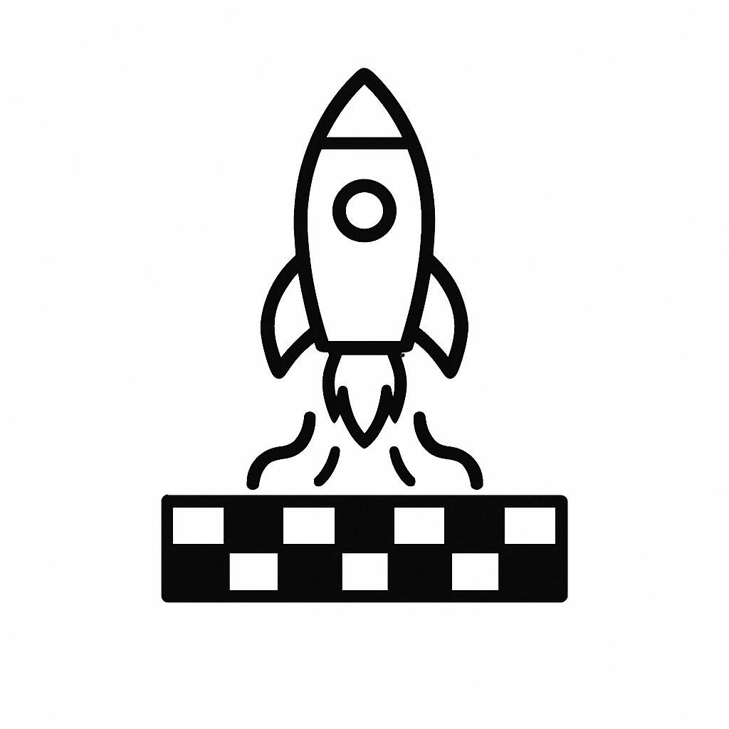 Sort-hvid ikon af en raket, der letter fra en startplatform med ternet mønster, som symboliserer en kraftfuld og motiverende start på din træning på løbebåndet.