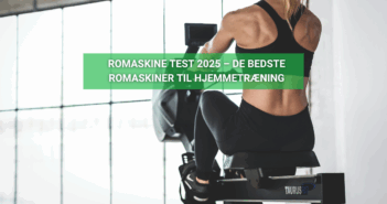 Kvinde iført sort sportstøj træner på en romaskine i et lyst fitnesslokale, set bagfra.