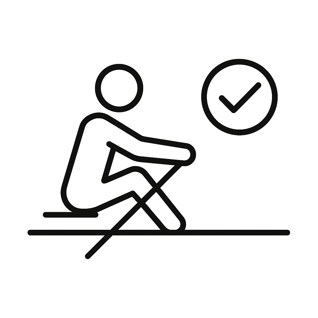 Simpel sort-hvid ikon af roende person ved siden af et flueben, som symboliserer korrekt roteknik og god form under træning.