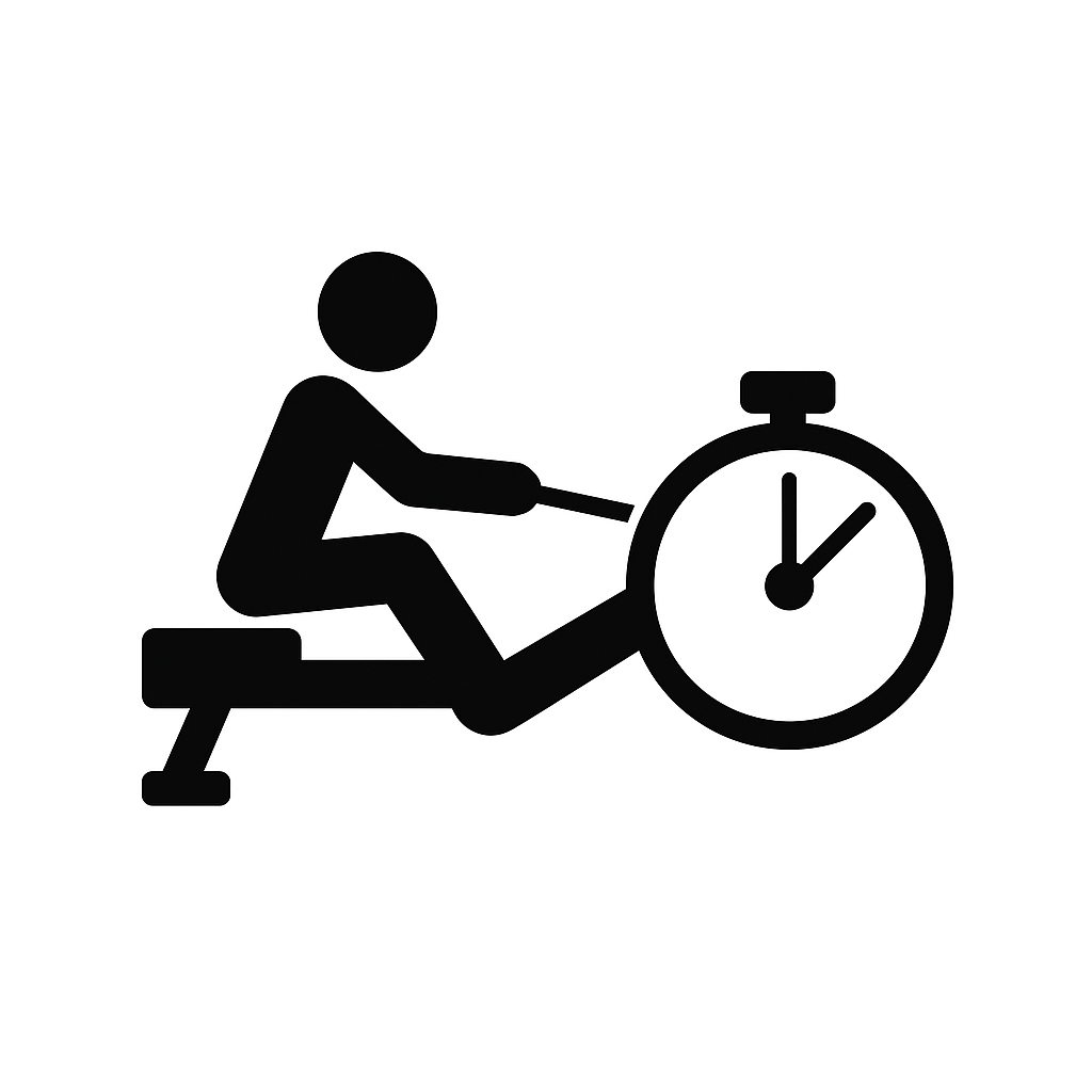 Sort-hvidt ikon med en roende person ved siden af et stopur, som symboliserer vigtigheden af at finde det rette og tilpassede tempo for begyndere i rotræning.